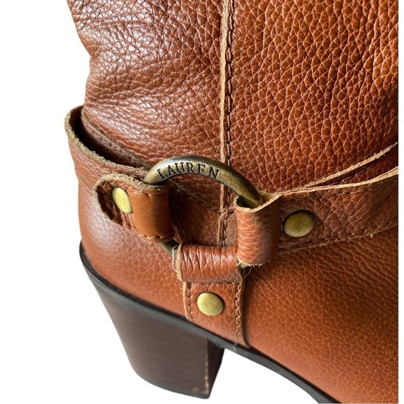 LAUREN RALPH LAUREN Tall Leather Riding Boots Size 5 1/2 Brown 2” Chunky Heels - Picture 2 of 9